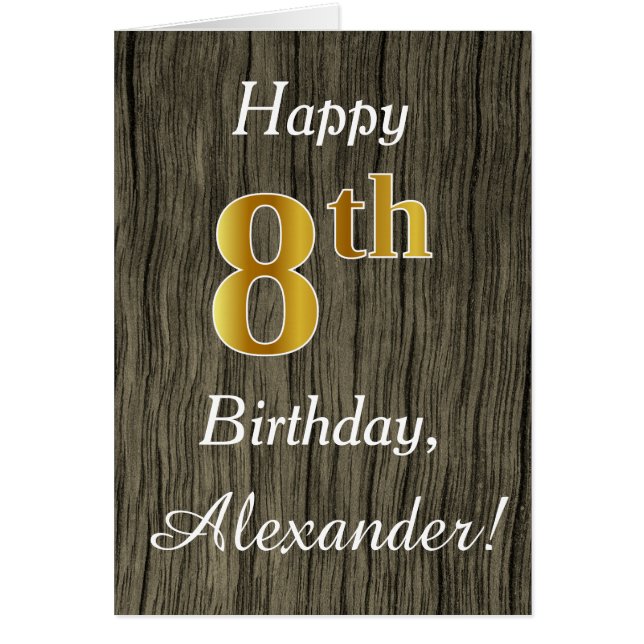 Faux Wood, Faux Gold 8th Birthday + Custom Name (Front)