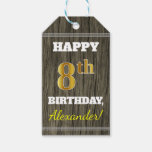 [ Thumbnail: Faux Wood, Faux Gold 8th Birthday + Custom Name Gift Tags ]
