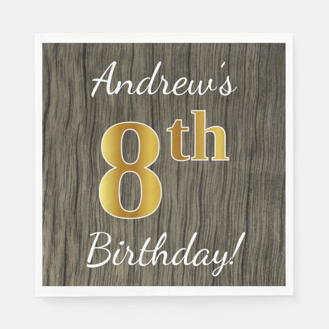 Faux Wood, Faux Gold 8th Birthday + Custom Name Paper Napkins (Front)