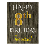 [ Thumbnail: Faux Wood, Faux Gold 8th Birthday + Custom Name Postcard ]
