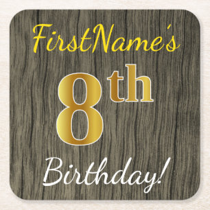 Faux Wood, Faux Gold 8th Birthday + Custom Name Square Paper Coaster