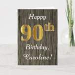 [ Thumbnail: Faux Wood, Faux Gold 90th Birthday + Custom Name Card ]