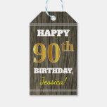 [ Thumbnail: Faux Wood, Faux Gold 90th Birthday + Custom Name Gift Tags ]