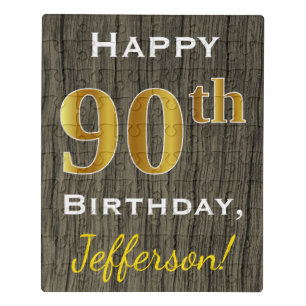 Faux Wood, Faux Gold 90th Birthday + Custom Name Jigsaw Puzzle
