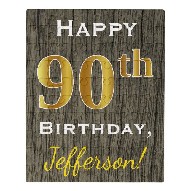 Faux Wood, Faux Gold 90th Birthday + Custom Name Jigsaw Puzzle (Puzzle Vertical)