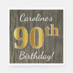 [ Thumbnail: Faux Wood, Faux Gold 90th Birthday + Custom Name Napkin ]
