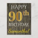 [ Thumbnail: Faux Wood, Faux Gold 90th Birthday + Custom Name Postcard ]