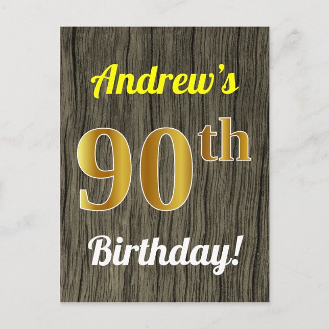 Faux Wood, Faux Gold 90th Birthday & Custom Name Postcard (Front)