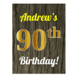 [ Thumbnail: Faux Wood, Faux Gold 90th Birthday & Custom Name Postcard ]