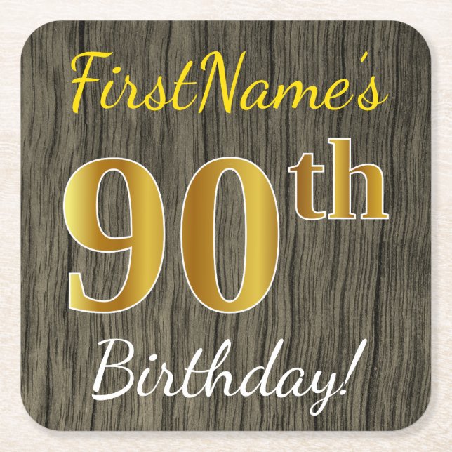 Faux Wood, Faux Gold 90th Birthday + Custom Name Square Paper Coaster (Front)