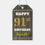 [ Thumbnail: Faux Wood, Faux Gold 91st Birthday + Custom Name Gift Tags ]
