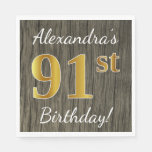 [ Thumbnail: Faux Wood, Faux Gold 91st Birthday + Custom Name Paper Napkin ]