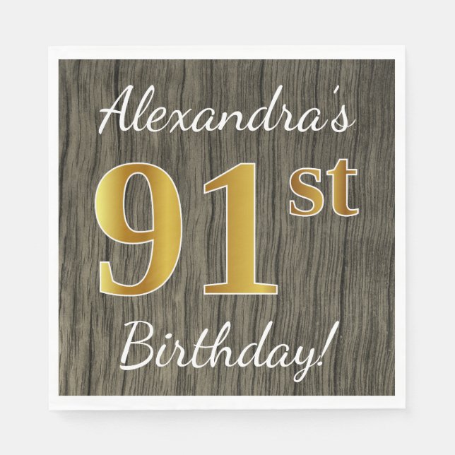 Faux Wood, Faux Gold 91st Birthday + Custom Name Paper Napkins (Front)