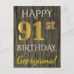 [ Thumbnail: Faux Wood, Faux Gold 91st Birthday + Custom Name Postcard ]