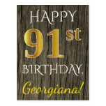 [ Thumbnail: Faux Wood, Faux Gold 91st Birthday + Custom Name Postcard ]