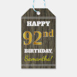 [ Thumbnail: Faux Wood, Faux Gold 92nd Birthday + Custom Name Gift Tags ]