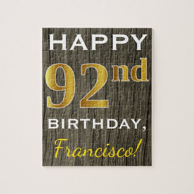 Faux Wood, Faux Gold 92nd Birthday + Custom Name Jigsaw Puzzle (Vertical)