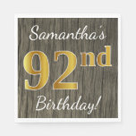 [ Thumbnail: Faux Wood, Faux Gold 92nd Birthday + Custom Name Paper Napkin ]