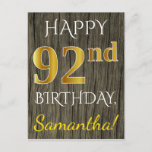 [ Thumbnail: Faux Wood, Faux Gold 92nd Birthday + Custom Name Postcard ]