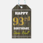 [ Thumbnail: Faux Wood, Faux Gold 93rd Birthday + Custom Name Gift Tags ]