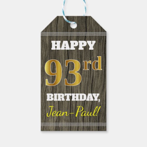Faux Wood Faux Gold 93rd Birthday  Custom Name Gift Tags