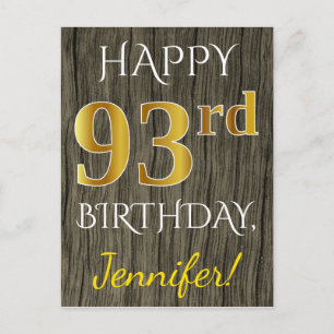 Faux Wood, Faux Gold 93rd Birthday + Custom Name Postcard