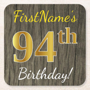 Faux Wood, Faux Gold 94th Birthday + Custom Name Square Paper Coaster