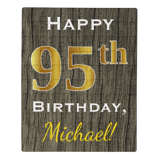 Faux Wood, Faux Gold 95th Birthday + Custom Name Jigsaw Puzzle (Puzzle Vertical)
