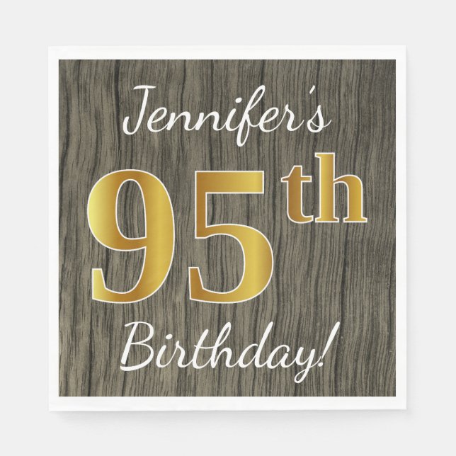 Faux Wood, Faux Gold 95th Birthday + Custom Name Paper Napkins (Front)