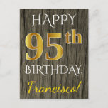 [ Thumbnail: Faux Wood, Faux Gold 95th Birthday + Custom Name Postcard ]