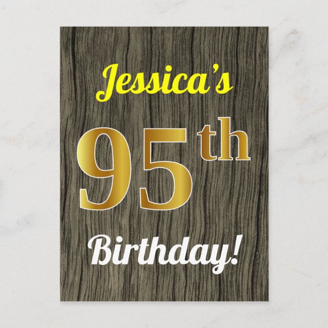 Faux Wood, Faux Gold 95th Birthday & Custom Name Postcard (Front)