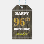 [ Thumbnail: Faux Wood, Faux Gold 96th Birthday + Custom Name Gift Tags ]