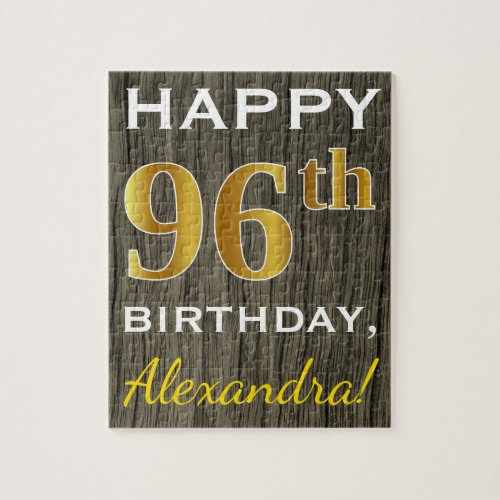 Faux Wood Faux Gold 96th Birthday  Custom Name Jigsaw Puzzle