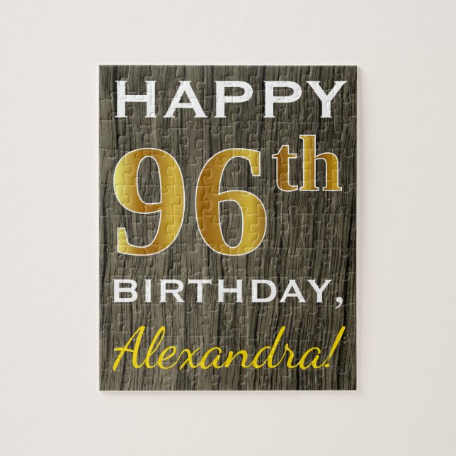Faux Wood, Faux Gold 96th Birthday + Custom Name Jigsaw Puzzle (Vertical)