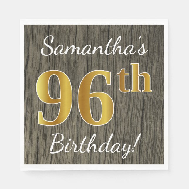 Faux Wood, Faux Gold 96th Birthday + Custom Name Paper Napkins (Front)