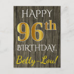 [ Thumbnail: Faux Wood, Faux Gold 96th Birthday + Custom Name Postcard ]