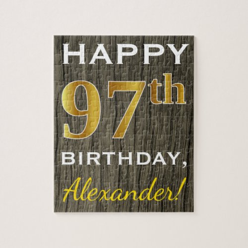 Faux Wood Faux Gold 97th Birthday  Custom Name Jigsaw Puzzle