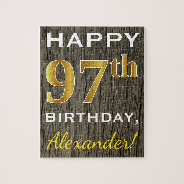 Faux Wood, Faux Gold 97th Birthday + Custom Name Jigsaw Puzzle (Vertical)