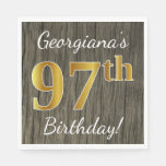 [ Thumbnail: Faux Wood, Faux Gold 97th Birthday + Custom Name Napkins ]