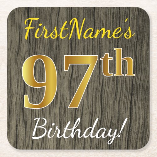 Faux Wood Faux Gold 97th Birthday  Custom Name Square Paper Coaster