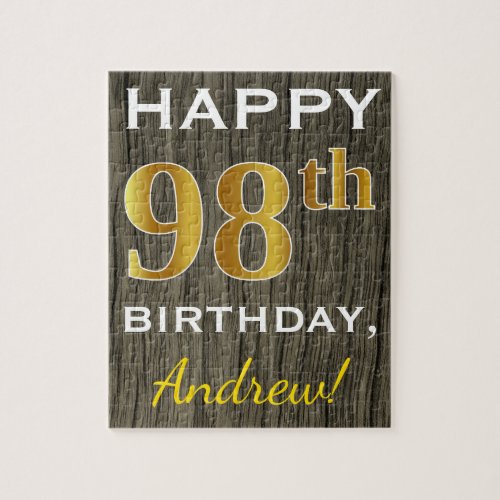 Faux Wood Faux Gold 98th Birthday  Custom Name Jigsaw Puzzle