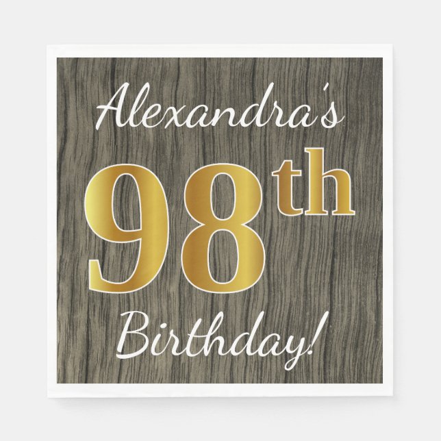 Faux Wood, Faux Gold 98th Birthday + Custom Name Napkins (Front)