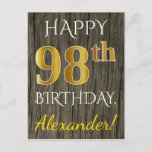 [ Thumbnail: Faux Wood, Faux Gold 98th Birthday + Custom Name Postcard ]