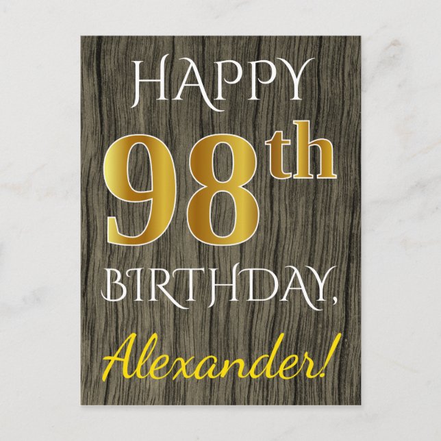 Faux Wood, Faux Gold 98th Birthday + Custom Name Postcard (Front)