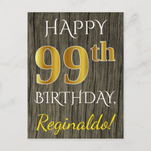 Faux Wood, Faux Gold 99th Birthday + Custom Name Postcard