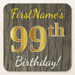 Faux Wood, Faux Gold 99th Birthday + Custom Name Square Paper Coaster