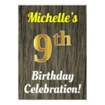 [ Thumbnail: Faux Wood, Faux Gold 9th Birthday Celebration Invitation ]