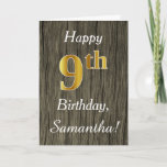[ Thumbnail: Faux Wood, Faux Gold 9th Birthday + Custom Name Card ]