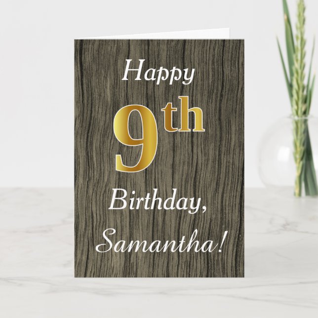 Faux Wood, Faux Gold 9th Birthday + Custom Name Card (Front)