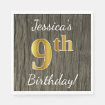 [ Thumbnail: Faux Wood, Faux Gold 9th Birthday + Custom Name Paper Napkin ]